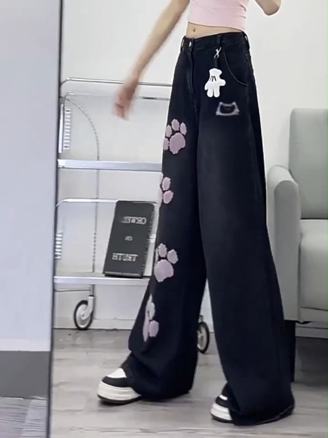 Y2K Kawaii Cat Baggy Cutecore Jeans Women Straight Wide Leg